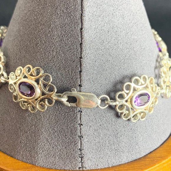 Vintage Sterling Silver 925 Amethyst Scroll Link Tennis Bracelet 7.75" Long - Picture 6 of 13